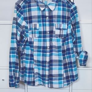 Old Navy large teal/white/aqua button front top long sleeve cotton